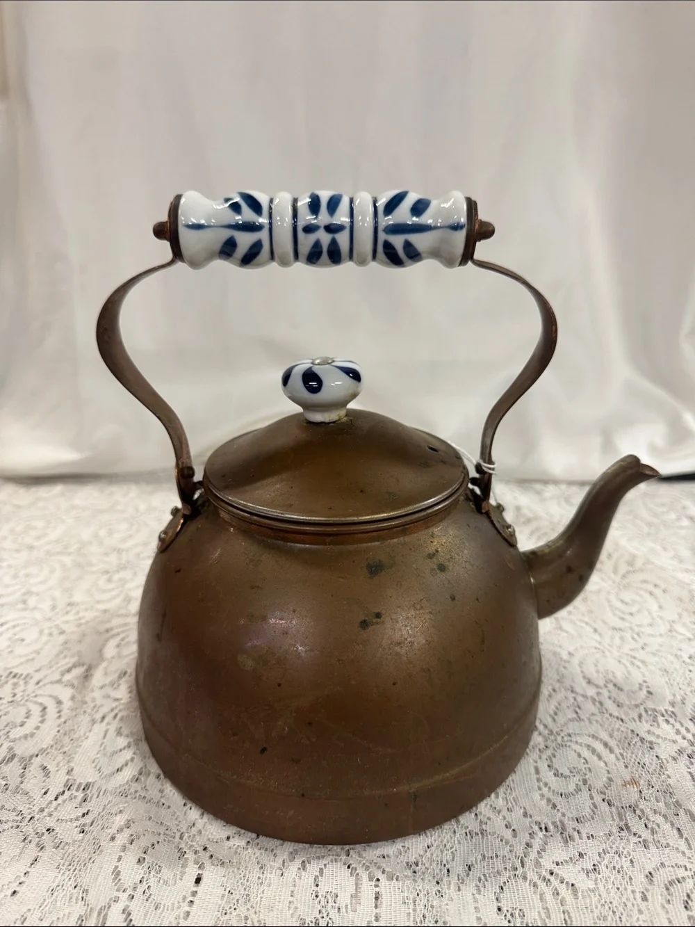 Copper Teapot with White & Blue Ceramic Handle and Knob